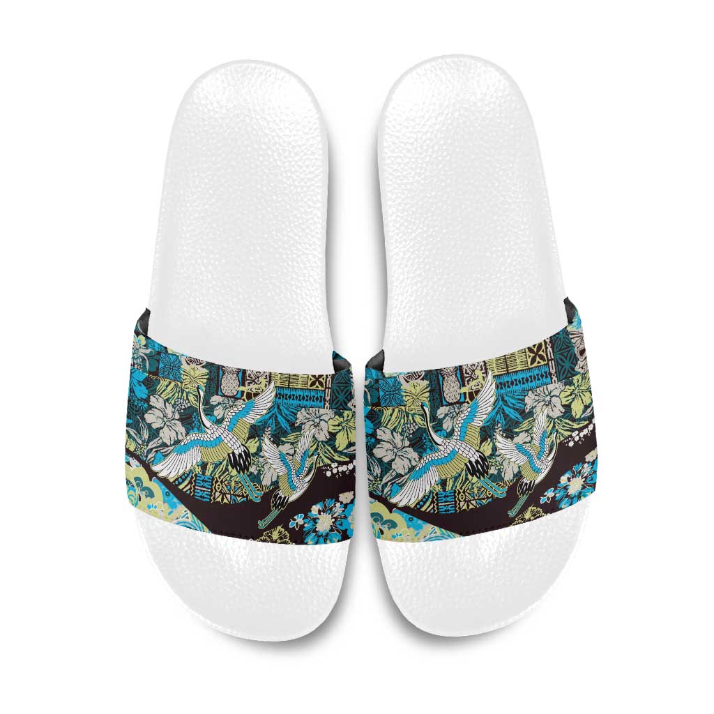 Japanese Hawaiian Crane Slide Sandals Blue Tapa Patchwork Pattern LT9 Blue - Polynesian Pride