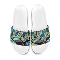 Japanese Hawaiian Crane Slide Sandals Blue Tapa Patchwork Pattern LT9 Blue - Polynesian Pride
