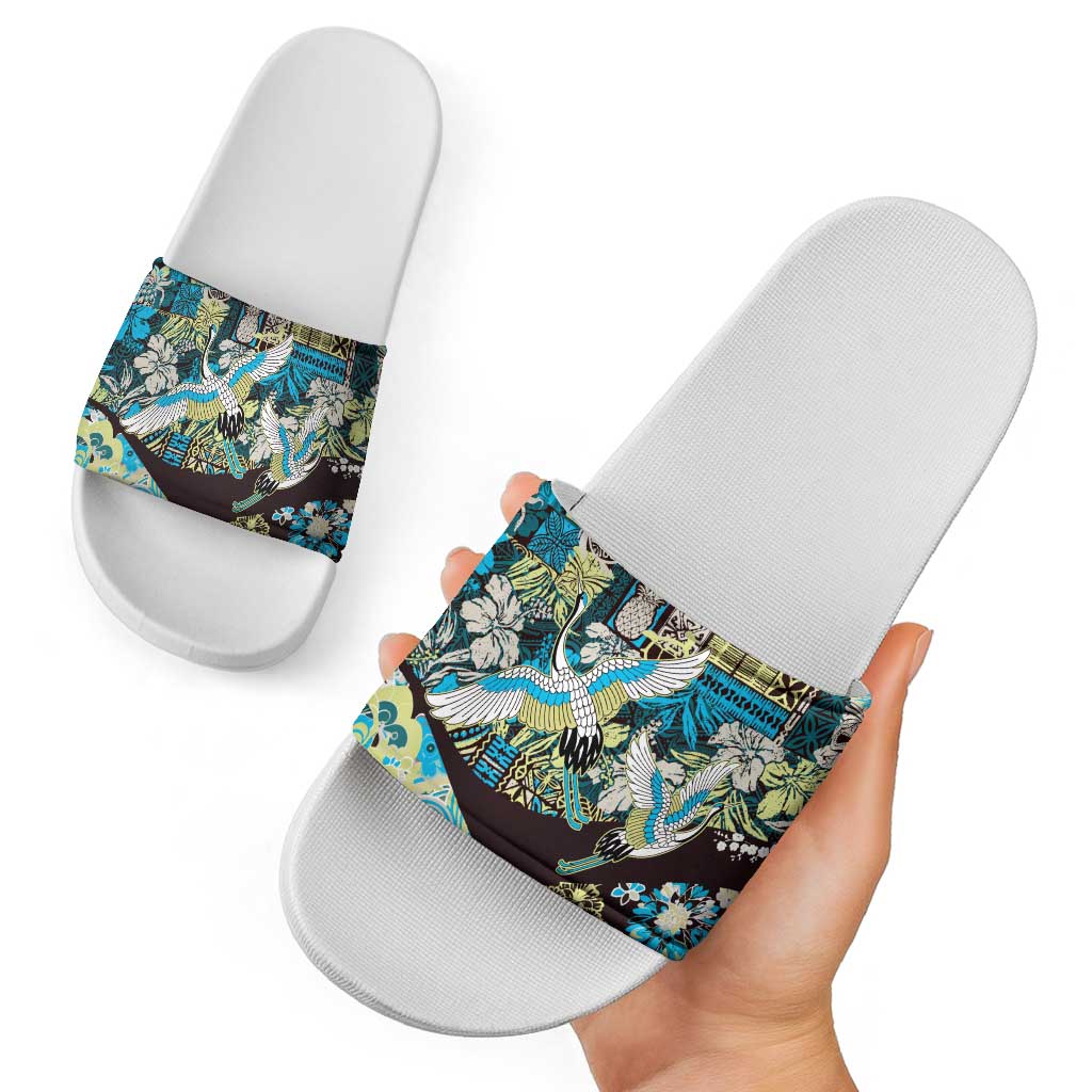 Japanese Hawaiian Crane Slide Sandals Blue Tapa Patchwork Pattern LT9 - Polynesian Pride