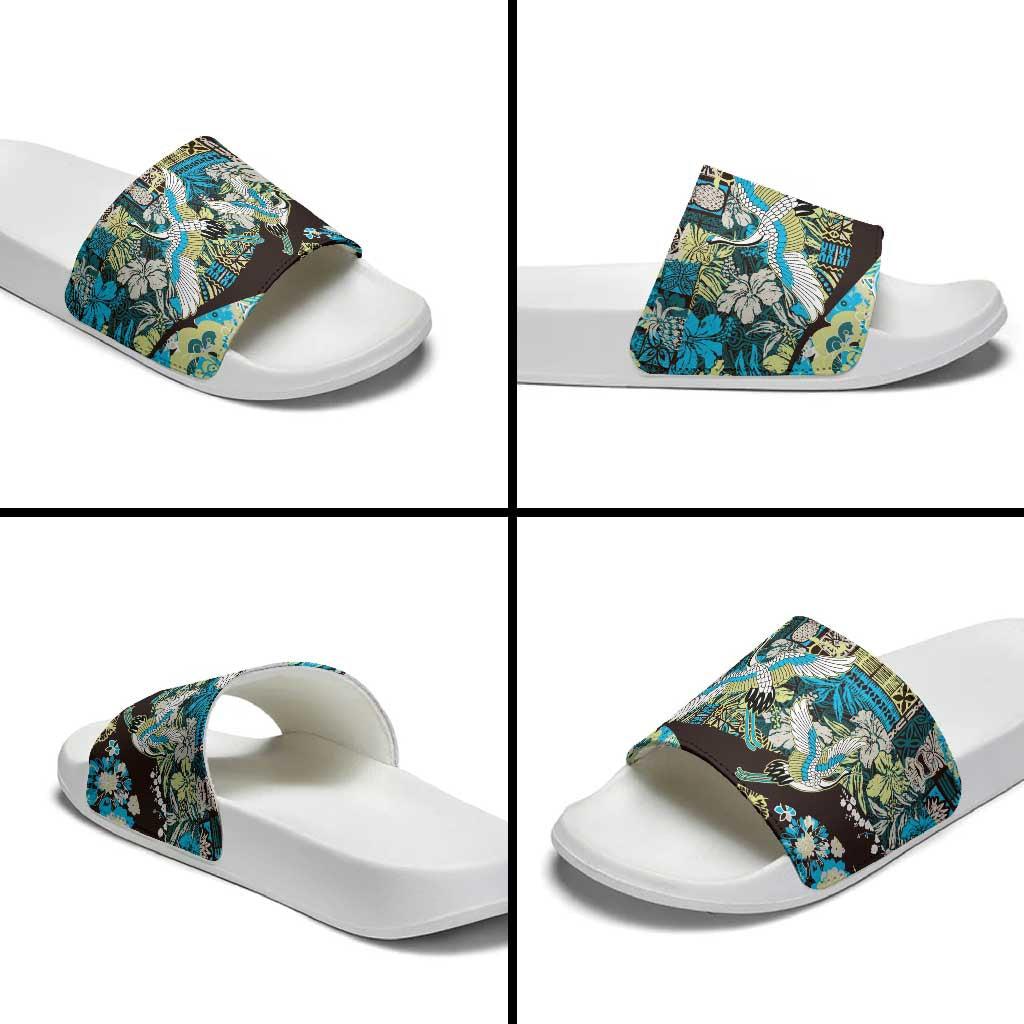 Japanese Hawaiian Crane Slide Sandals Blue Tapa Patchwork Pattern LT9 - Polynesian Pride