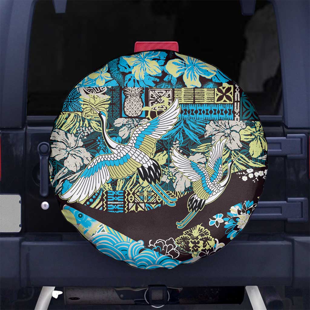 Japanese Hawaiian Crane Spare Tire Cover Blue Tapa Patchwork Pattern