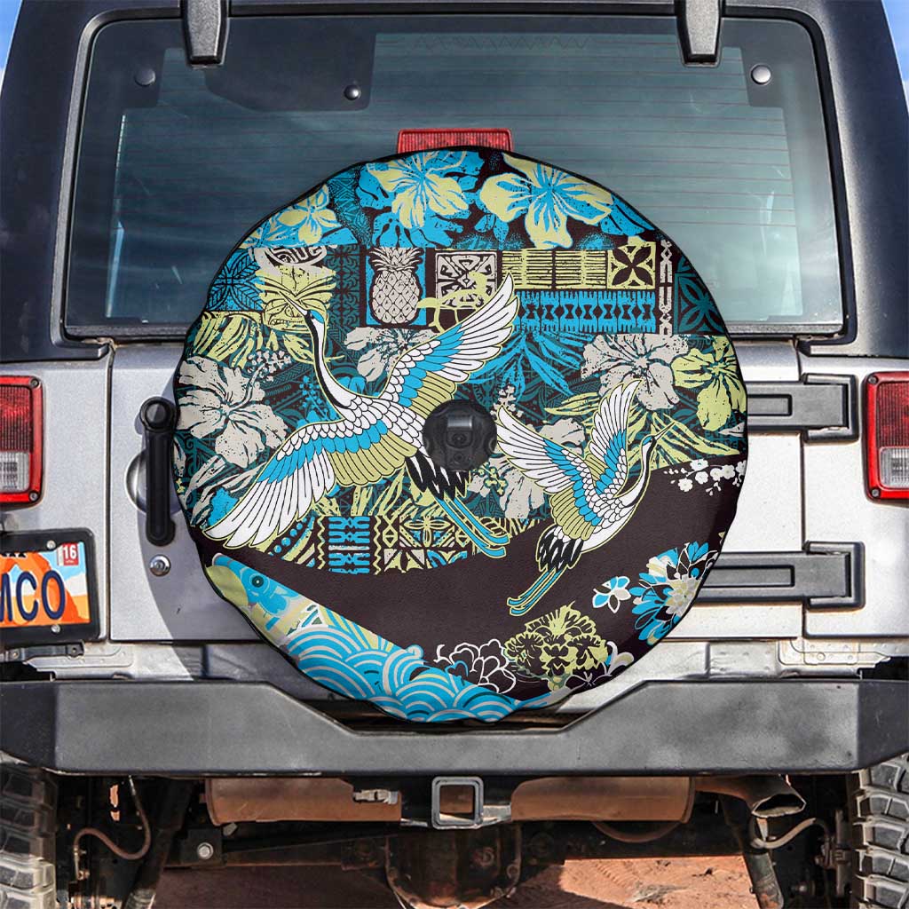 Japanese Hawaiian Crane Spare Tire Cover Blue Tapa Patchwork Pattern