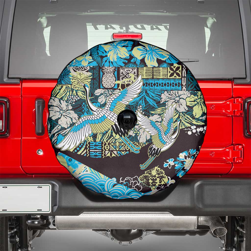 Japanese Hawaiian Crane Spare Tire Cover Blue Tapa Patchwork Pattern
