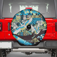 Japanese Hawaiian Crane Spare Tire Cover Blue Tapa Patchwork Pattern