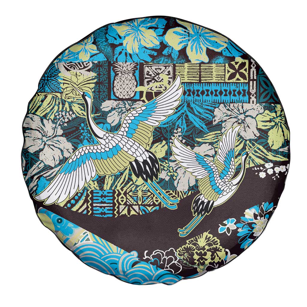 Japanese Hawaiian Crane Spare Tire Cover Blue Tapa Patchwork Pattern