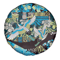 Japanese Hawaiian Crane Spare Tire Cover Blue Tapa Patchwork Pattern