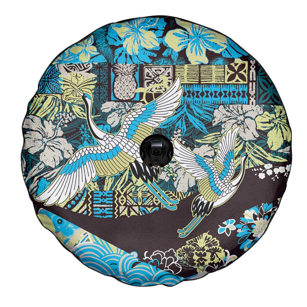 Japanese Hawaiian Crane Spare Tire Cover Blue Tapa Patchwork Pattern