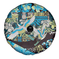 Japanese Hawaiian Crane Spare Tire Cover Blue Tapa Patchwork Pattern