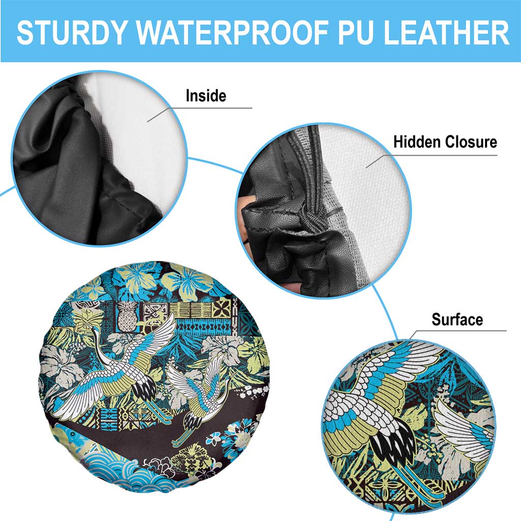 Japanese Hawaiian Crane Spare Tire Cover Blue Tapa Patchwork Pattern
