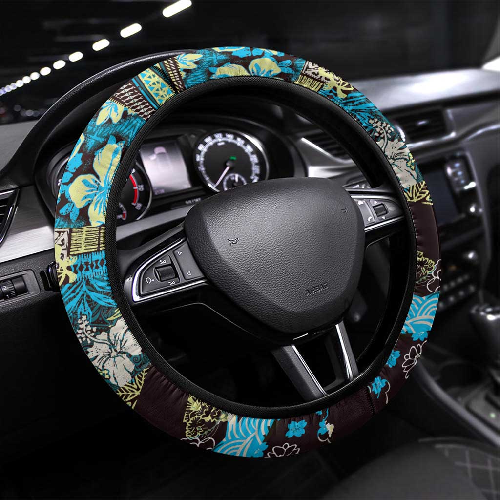 Japanese Hawaiian Crane Steering Wheel Cover Blue Tapa Patchwork Pattern LT9 Universal Fit Blue - Polynesian Pride