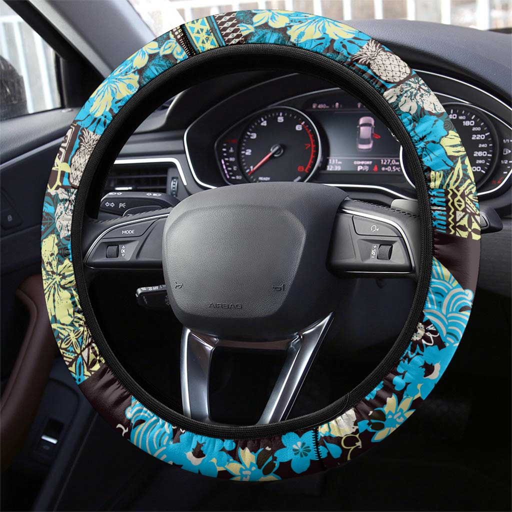 Japanese Hawaiian Crane Steering Wheel Cover Blue Tapa Patchwork Pattern LT9 - Polynesian Pride