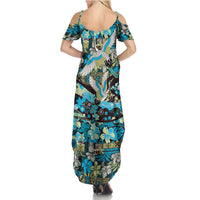 Japanese Hawaiian Crane Summer Maxi Dress Blue Tapa Patchwork Pattern LT9 - Polynesian Pride