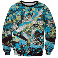Japanese Hawaiian Crane Sweatshirt Blue Tapa Patchwork Pattern LT9 Unisex Blue - Polynesian Pride