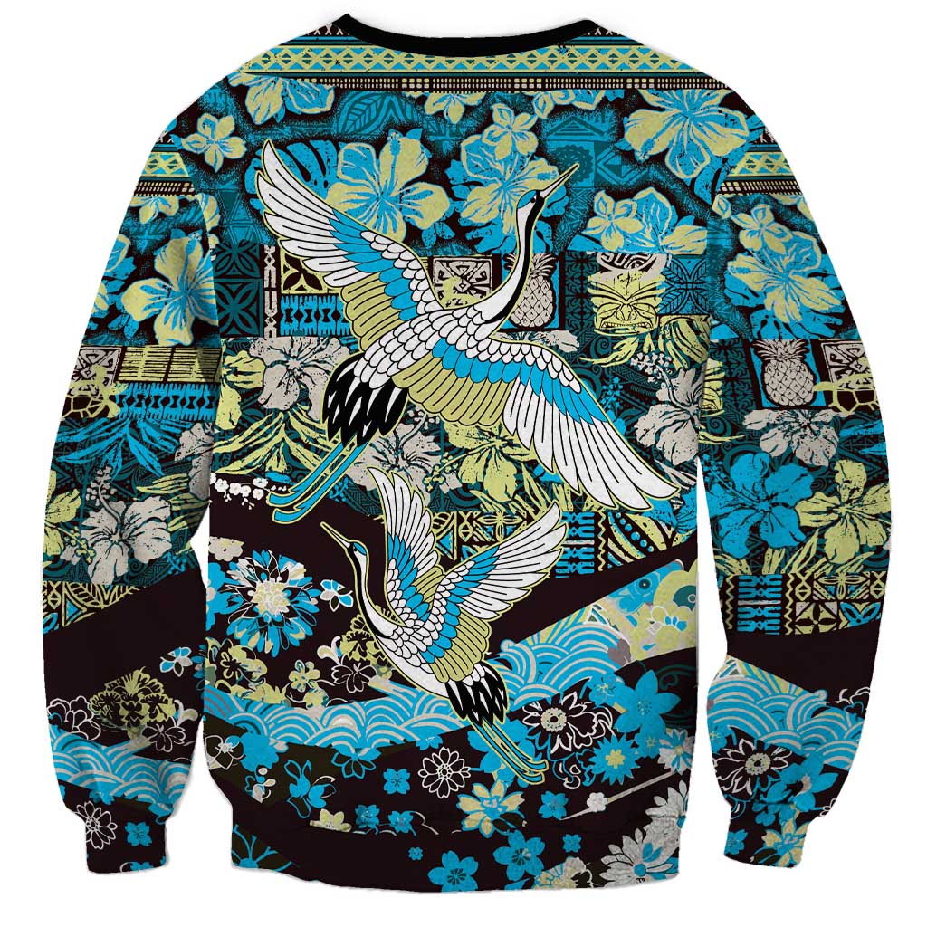 Japanese Hawaiian Crane Sweatshirt Blue Tapa Patchwork Pattern LT9 - Polynesian Pride
