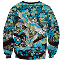 Japanese Hawaiian Crane Sweatshirt Blue Tapa Patchwork Pattern LT9 - Polynesian Pride