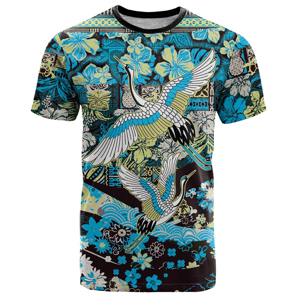 Japanese Hawaiian Crane T Shirt Blue Tapa Patchwork Pattern LT9 Blue - Polynesian Pride