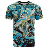 Japanese Hawaiian Crane T Shirt Blue Tapa Patchwork Pattern LT9 Blue - Polynesian Pride