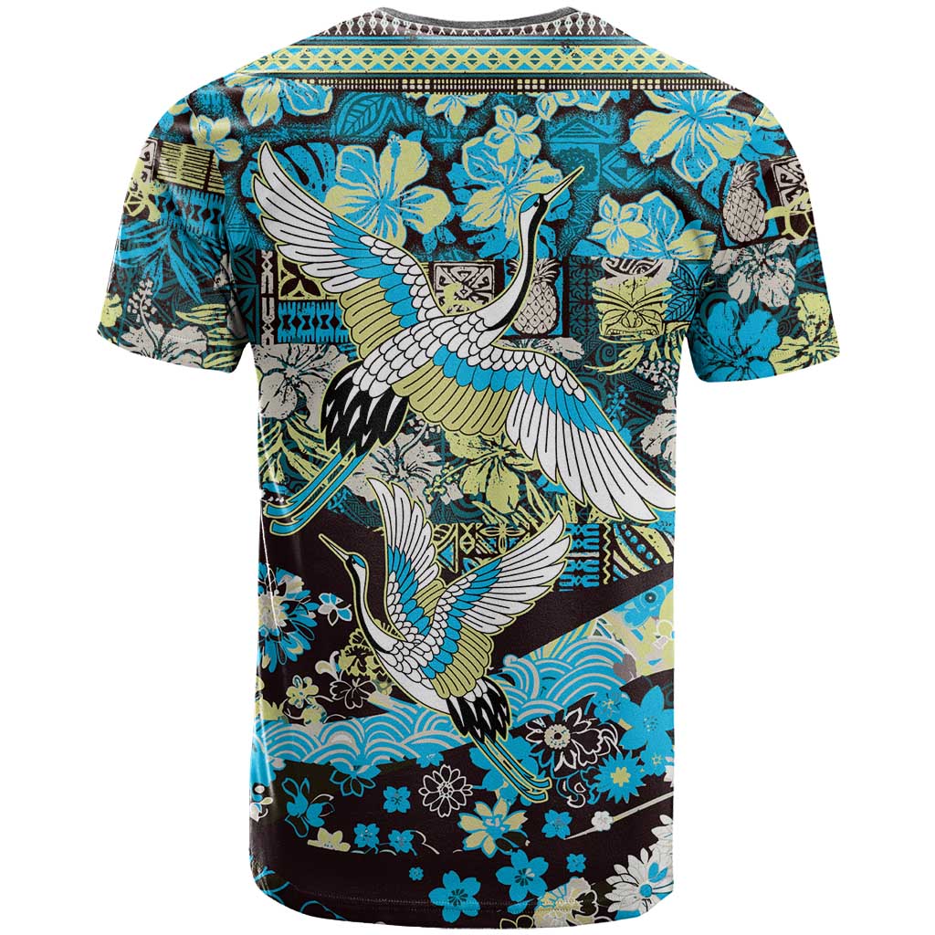 Japanese Hawaiian Crane T Shirt Blue Tapa Patchwork Pattern LT9 - Polynesian Pride