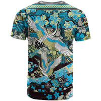 Japanese Hawaiian Crane T Shirt Blue Tapa Patchwork Pattern LT9 - Polynesian Pride