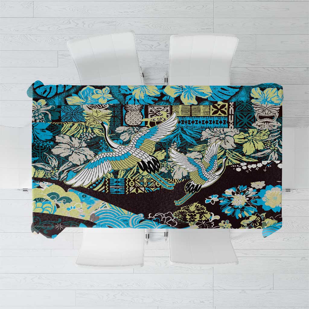 Japanese Hawaiian Crane Tablecloth Blue Tapa Patchwork Pattern LT9 Blue - Polynesian Pride