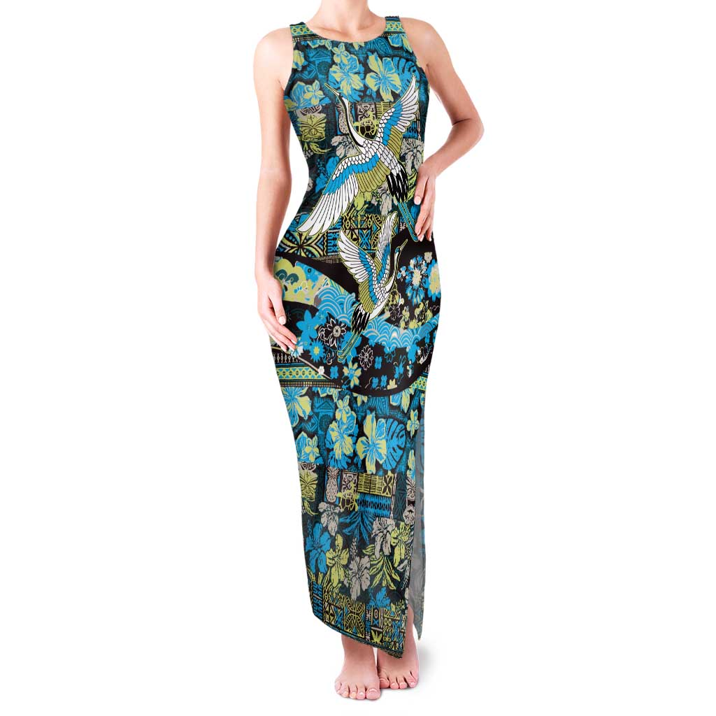 Japanese Hawaiian Crane Tank Maxi Dress Blue Tapa Patchwork Pattern