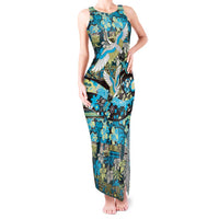 Japanese Hawaiian Crane Tank Maxi Dress Blue Tapa Patchwork Pattern