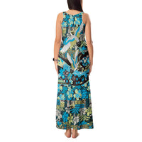 Japanese Hawaiian Crane Tank Maxi Dress Blue Tapa Patchwork Pattern
