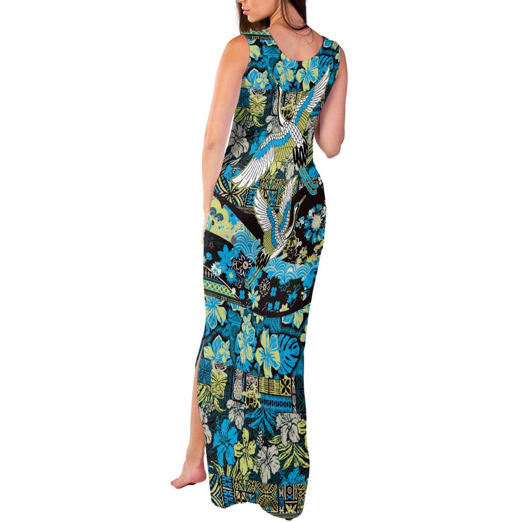 Japanese Hawaiian Crane Tank Maxi Dress Blue Tapa Patchwork Pattern