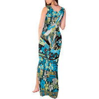 Japanese Hawaiian Crane Tank Maxi Dress Blue Tapa Patchwork Pattern