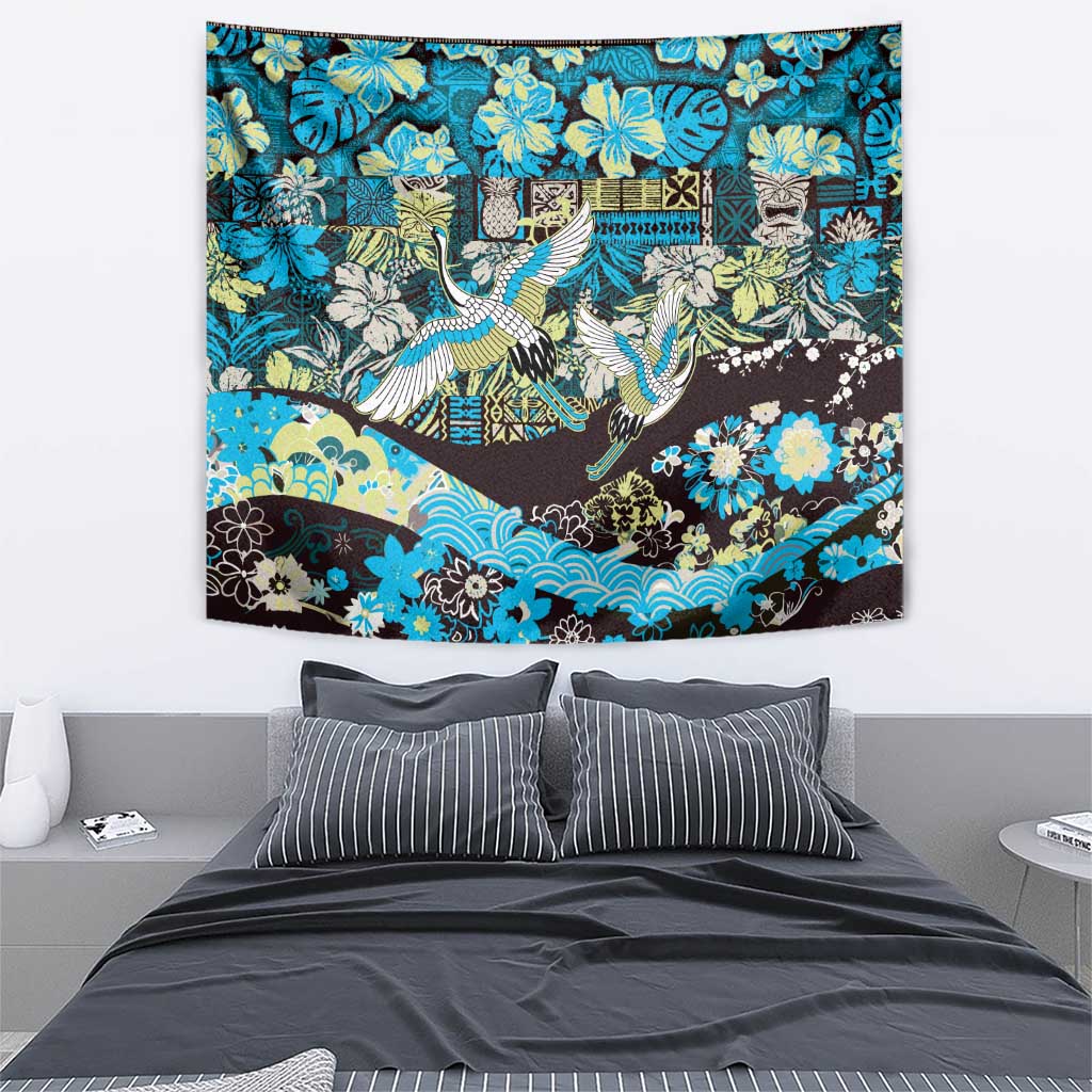 Japanese Hawaiian Crane Tapestry Blue Tapa Patchwork Pattern LT9 - Polynesian Pride