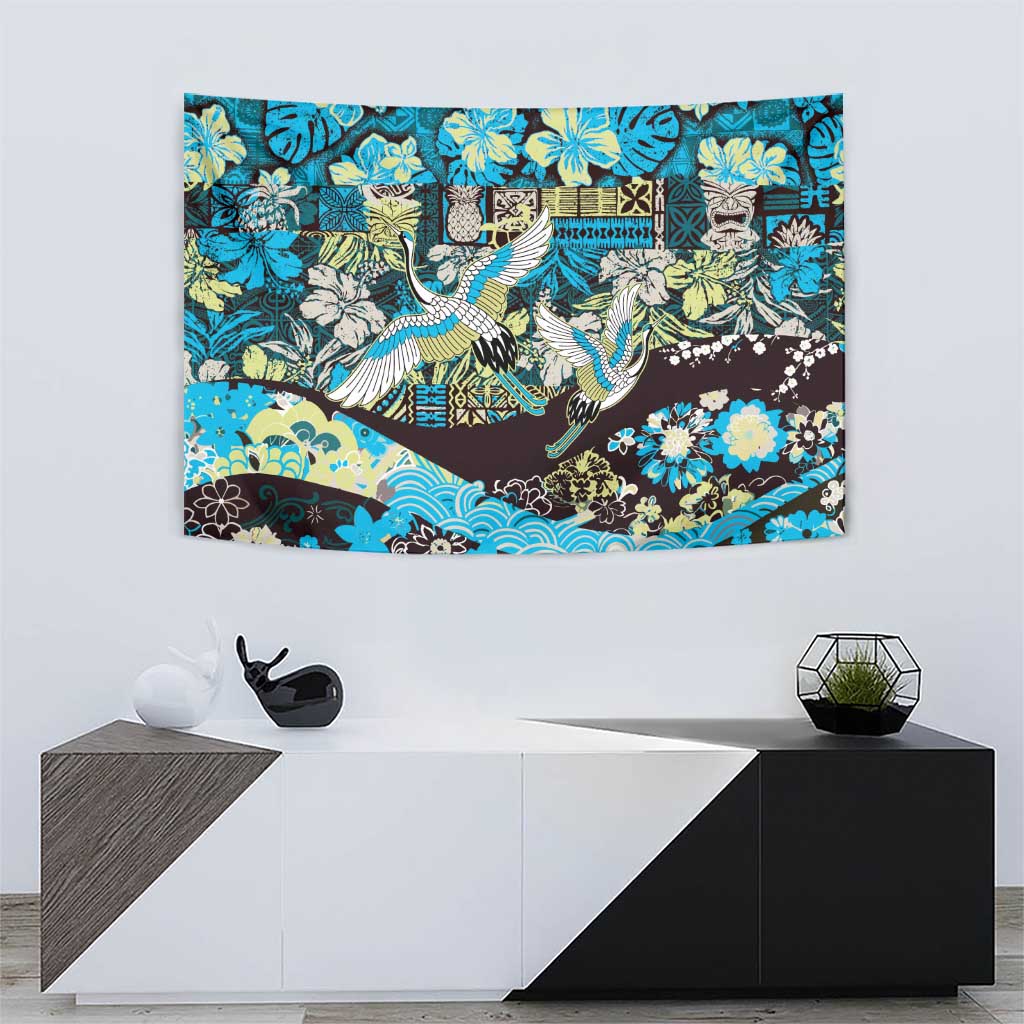 Japanese Hawaiian Crane Tapestry Blue Tapa Patchwork Pattern LT9 - Polynesian Pride