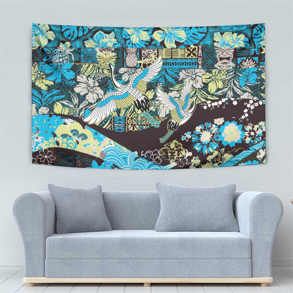Japanese Hawaiian Crane Tapestry Blue Tapa Patchwork Pattern LT9 - Polynesian Pride