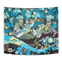 Japanese Hawaiian Crane Tapestry Blue Tapa Patchwork Pattern LT9 - Polynesian Pride
