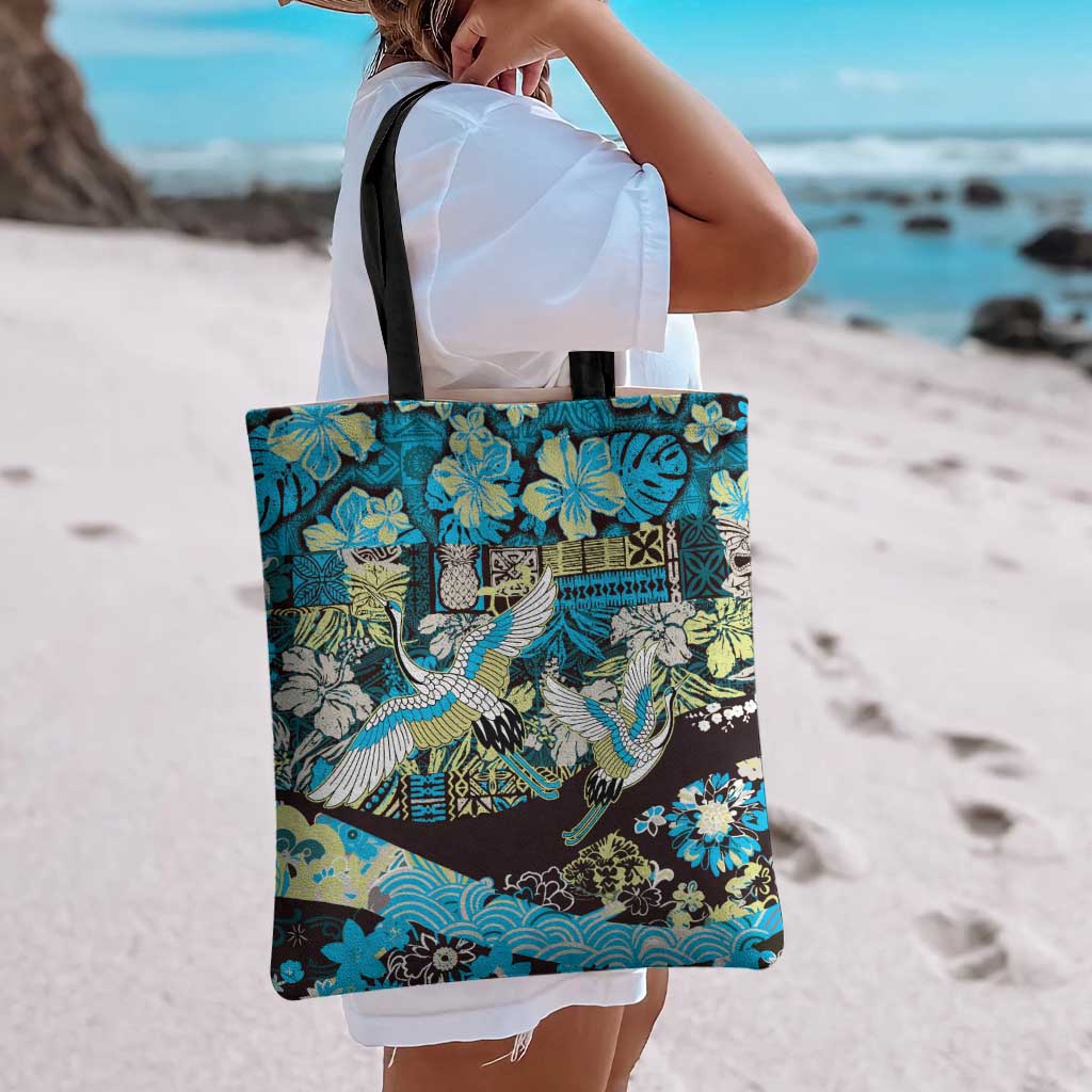 Japanese Hawaiian Crane Tote Bag Blue Tapa Patchwork Pattern LT9 - Polynesian Pride