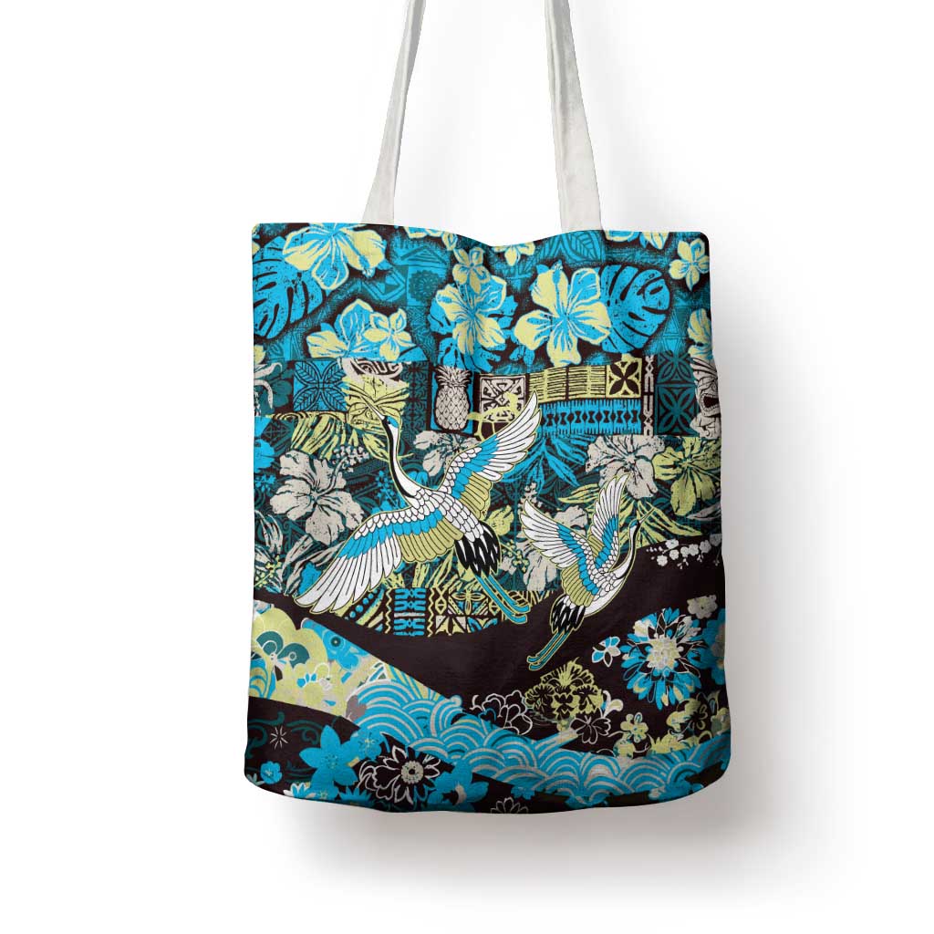 Japanese Hawaiian Crane Tote Bag Blue Tapa Patchwork Pattern LT9 - Polynesian Pride