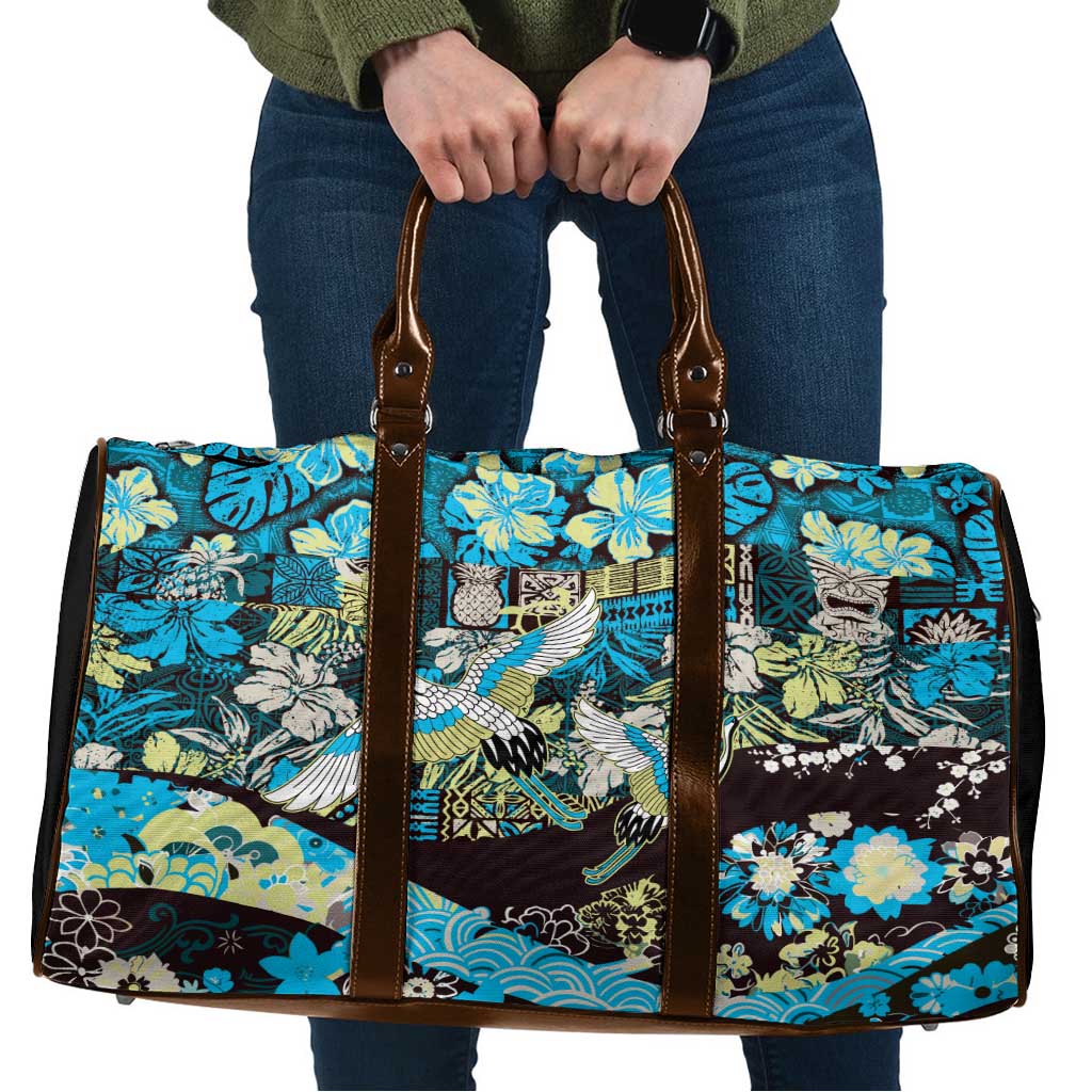 Japanese Hawaiian Crane Travel Bag Blue Tapa Patchwork Pattern