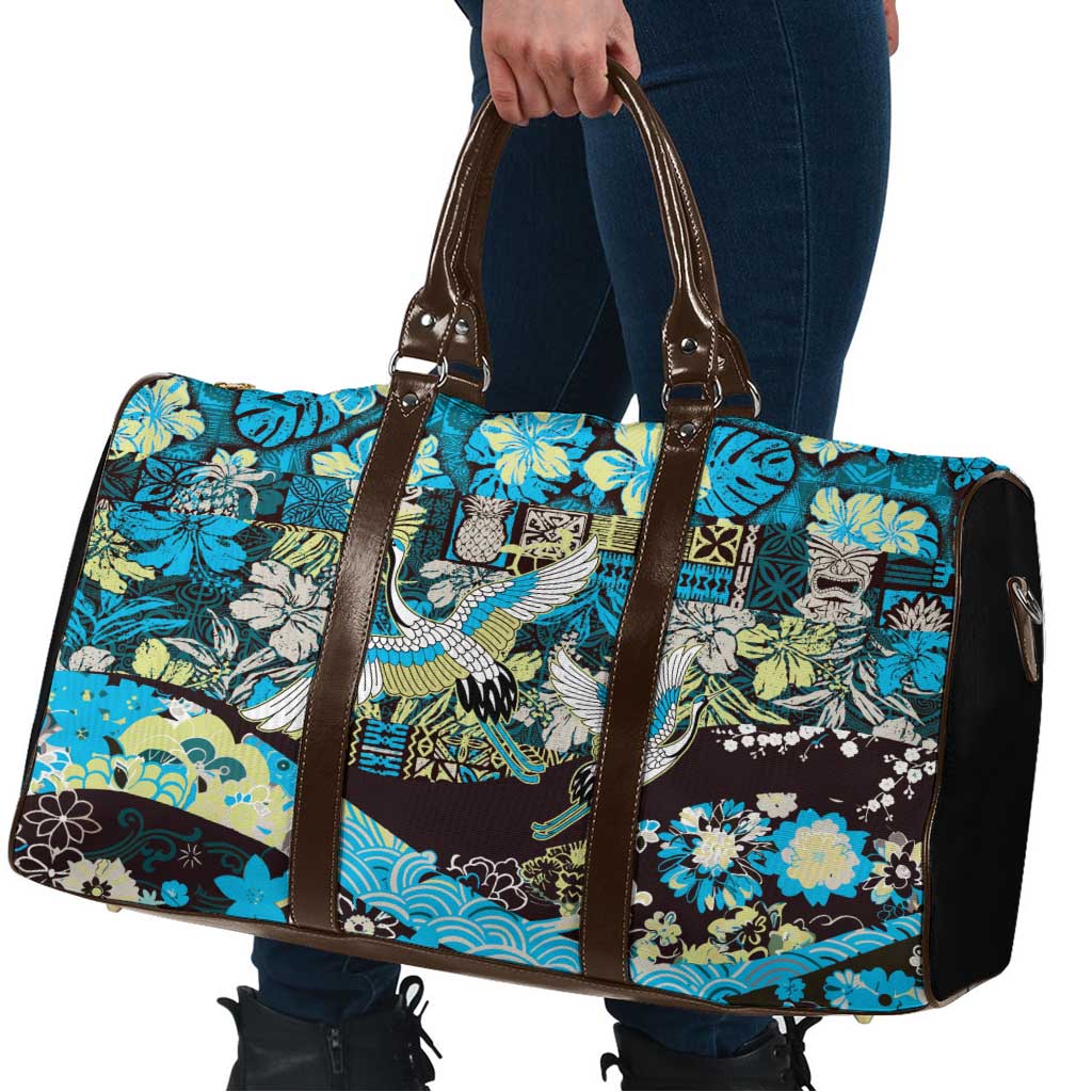 Japanese Hawaiian Crane Travel Bag Blue Tapa Patchwork Pattern
