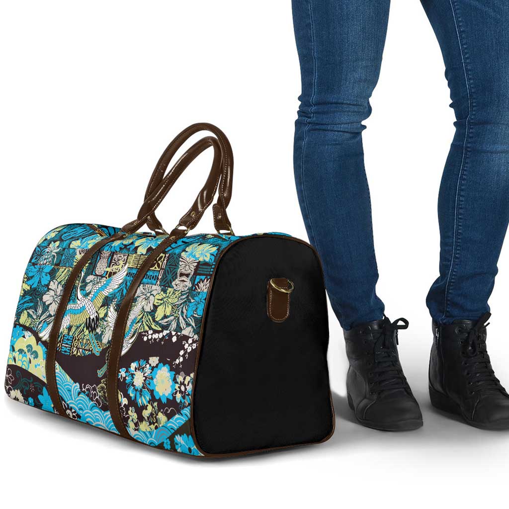 Japanese Hawaiian Crane Travel Bag Blue Tapa Patchwork Pattern