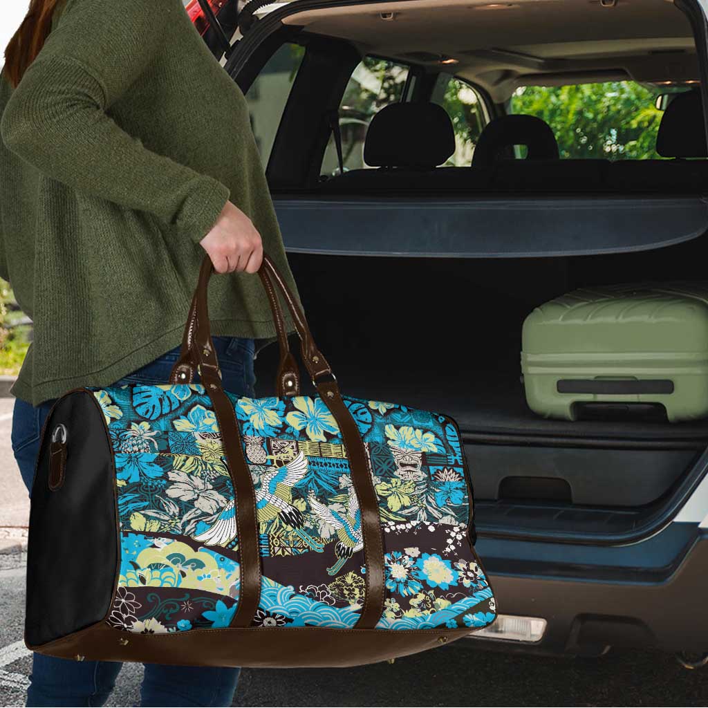 Japanese Hawaiian Crane Travel Bag Blue Tapa Patchwork Pattern