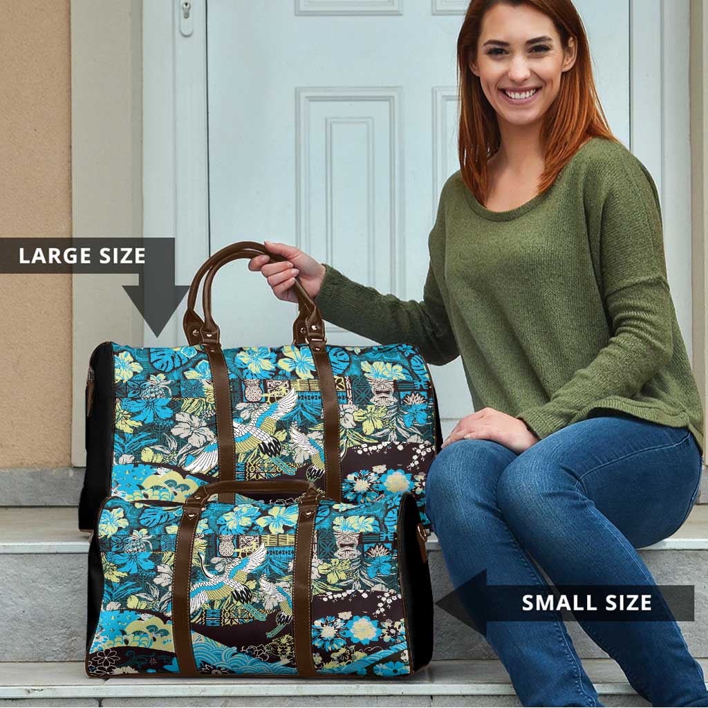 Japanese Hawaiian Crane Travel Bag Blue Tapa Patchwork Pattern