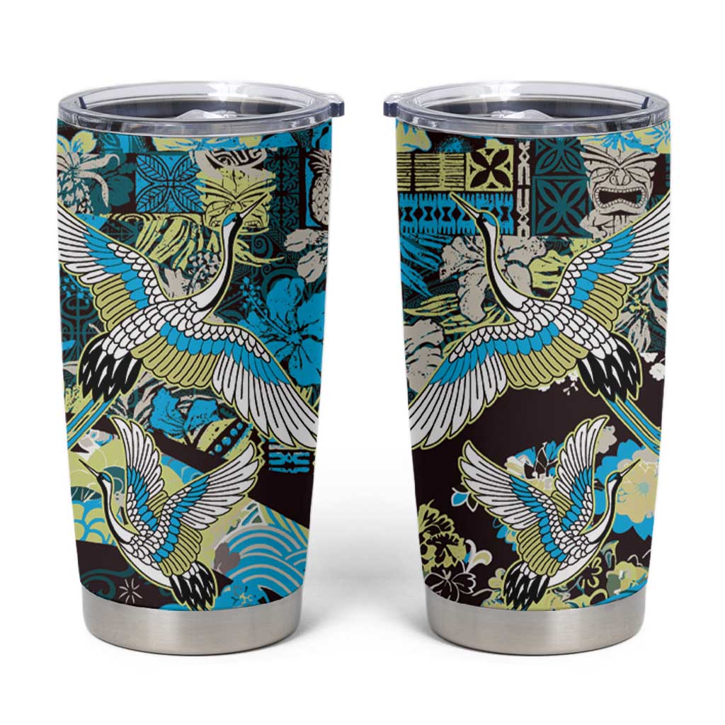 Japanese Hawaiian Crane Tumbler Cup Blue Tapa Patchwork Pattern LT9 Blue - Polynesian Pride