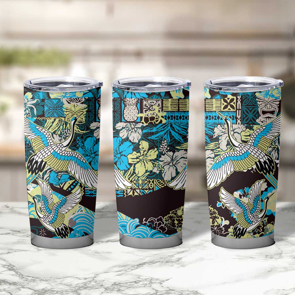 Japanese Hawaiian Crane Tumbler Cup Blue Tapa Patchwork Pattern LT9 - Polynesian Pride