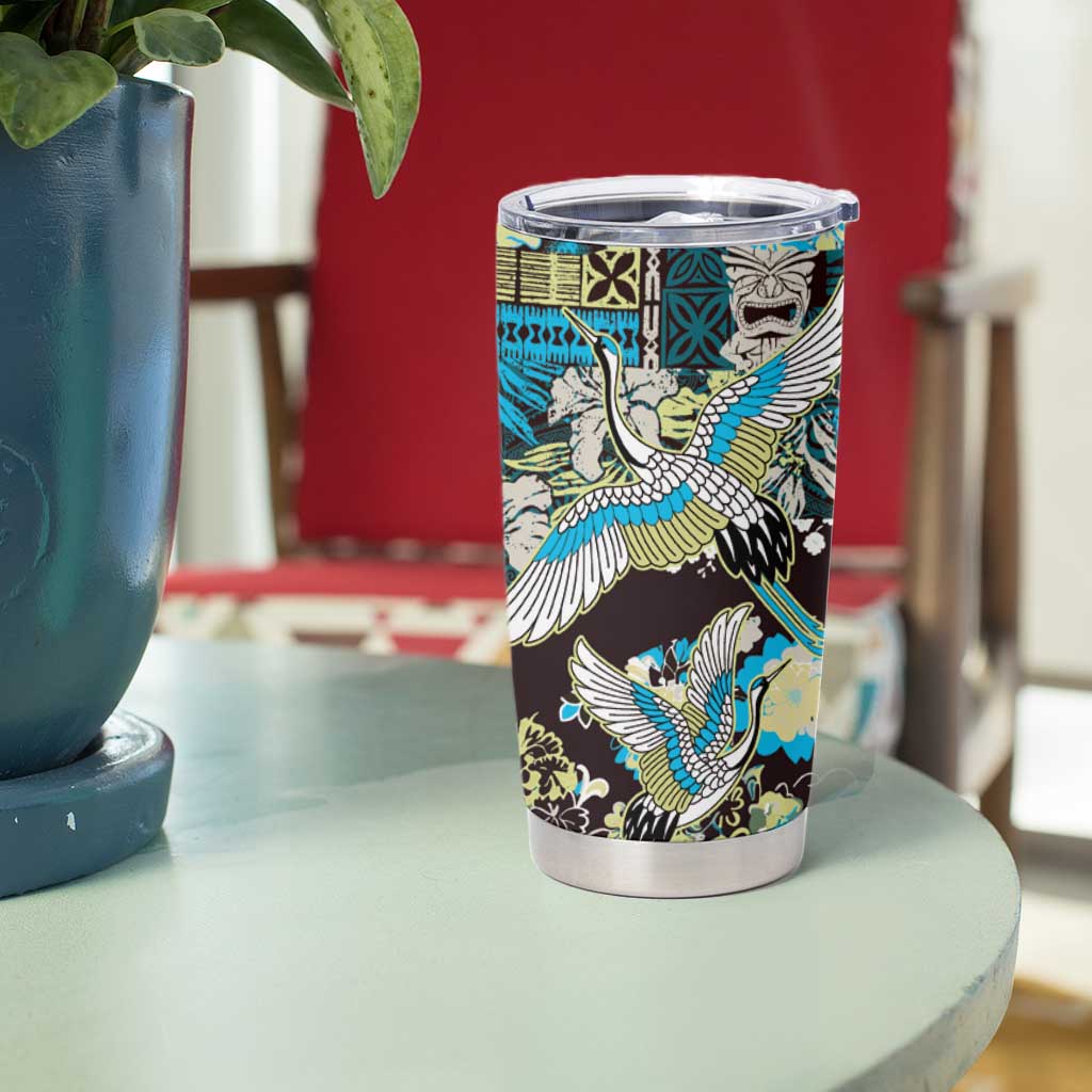 Japanese Hawaiian Crane Tumbler Cup Blue Tapa Patchwork Pattern LT9 - Polynesian Pride
