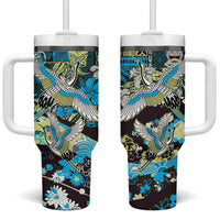 Japanese Hawaiian Crane Tumbler With Handle Blue Tapa Patchwork Pattern LT9 One Size: 40 oz Blue - Polynesian Pride