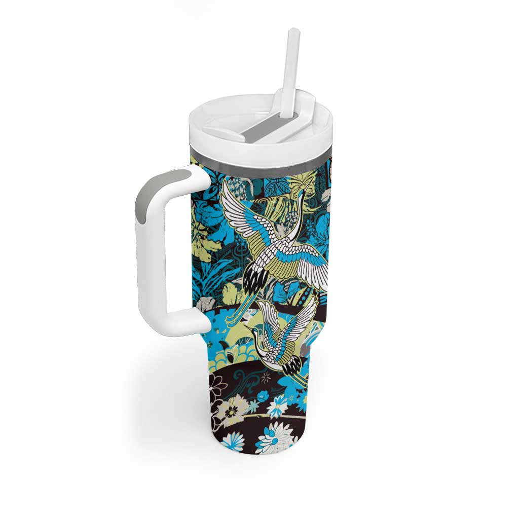 Japanese Hawaiian Crane Tumbler With Handle Blue Tapa Patchwork Pattern LT9 - Polynesian Pride