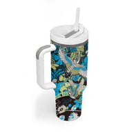 Japanese Hawaiian Crane Tumbler With Handle Blue Tapa Patchwork Pattern LT9 - Polynesian Pride