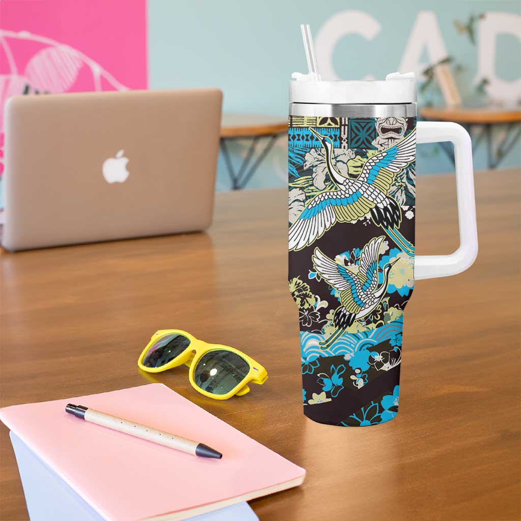 Japanese Hawaiian Crane Tumbler With Handle Blue Tapa Patchwork Pattern LT9 - Polynesian Pride