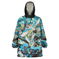 Japanese Hawaiian Crane Wearable Blanket Hoodie Blue Tapa Patchwork Pattern