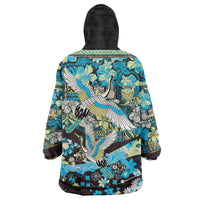 Japanese Hawaiian Crane Wearable Blanket Hoodie Blue Tapa Patchwork Pattern