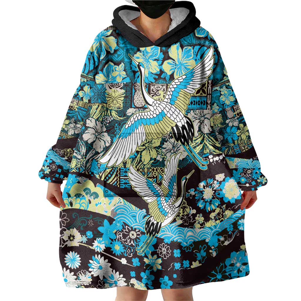 Japanese Hawaiian Crane Wearable Blanket Hoodie Blue Tapa Patchwork Pattern